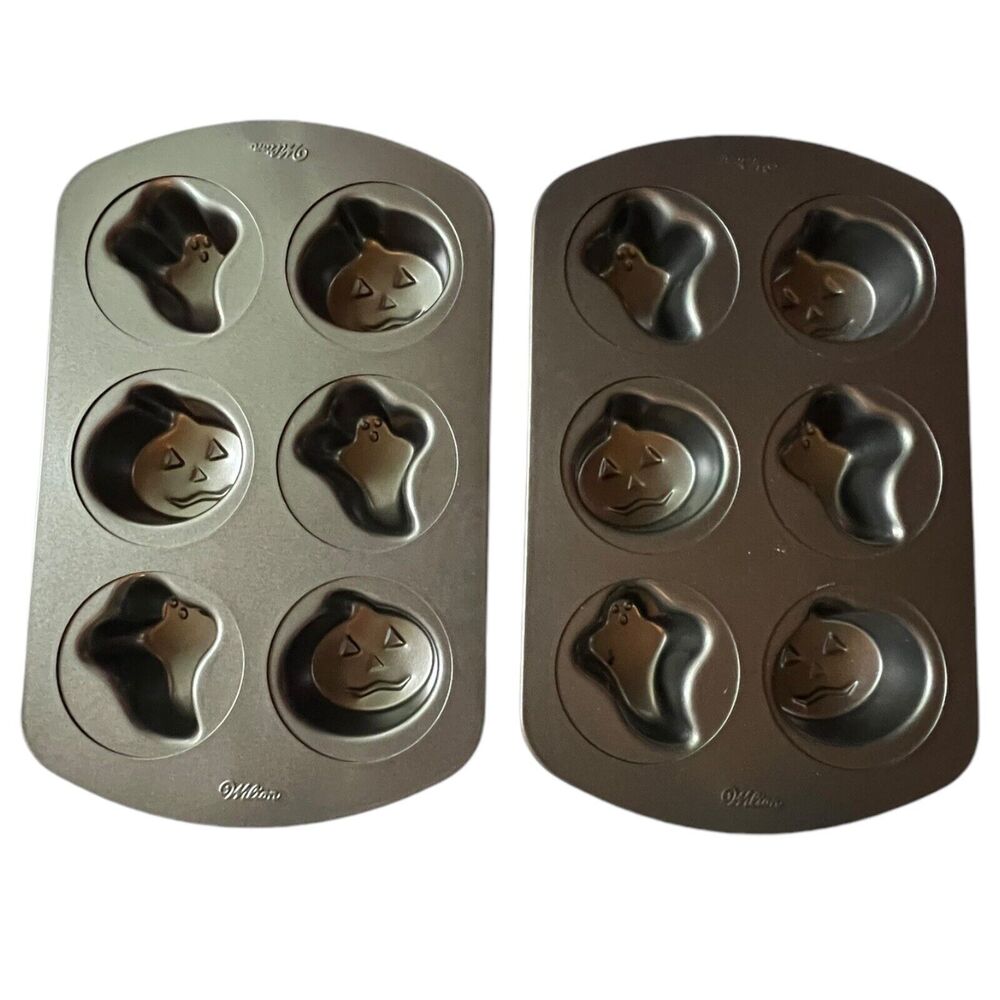 Lot Of 2 Wilton Mini Cake Cupcake Baking Pan Halloween Ghost Pumpkin 6 Cavity‎